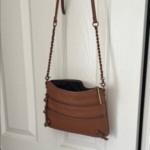 Elliott Lucca Tan Leather Crossbody with Chain-Trim Strap